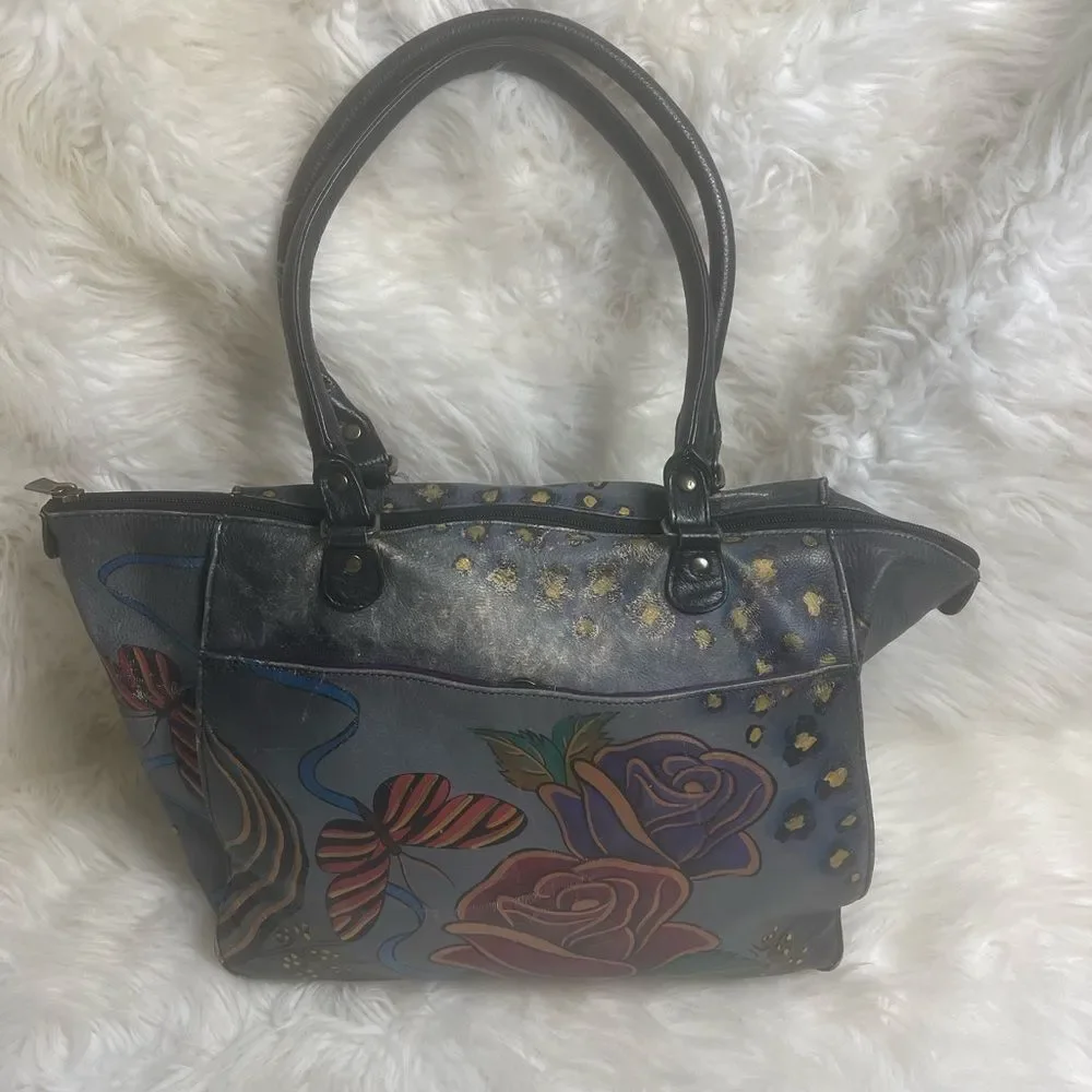 Hand-Painted Floral Leather Tote Bag - Gray